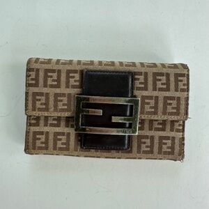 FENDI Vintage Zucchino Trifold Wallet Purse Canvas Leather Brown Used